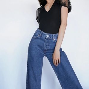 Zara Black V-Neck Bodysuit with Sheer Embroidered Balloon Sleeves NWT Small